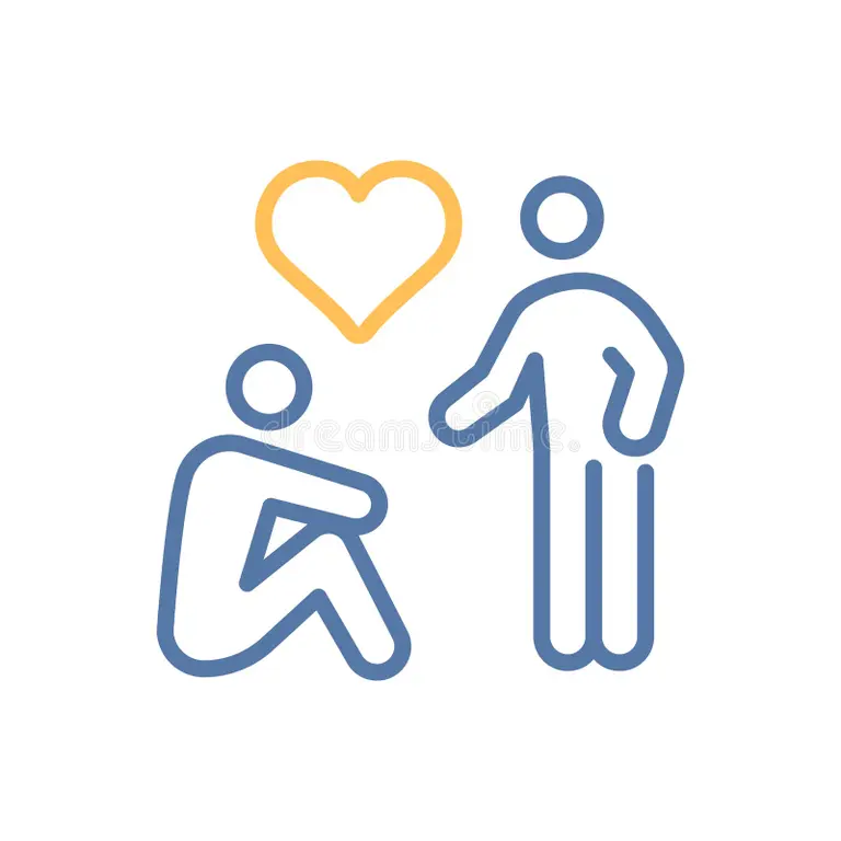 (image of one person sitting and another standing and extending a helping hand. A heart can be seen above both characters)
