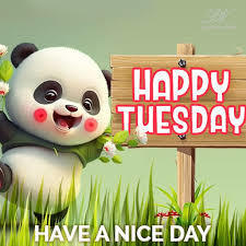 Happy Tuesday. Have a nice day (Panda standing next to a sign)