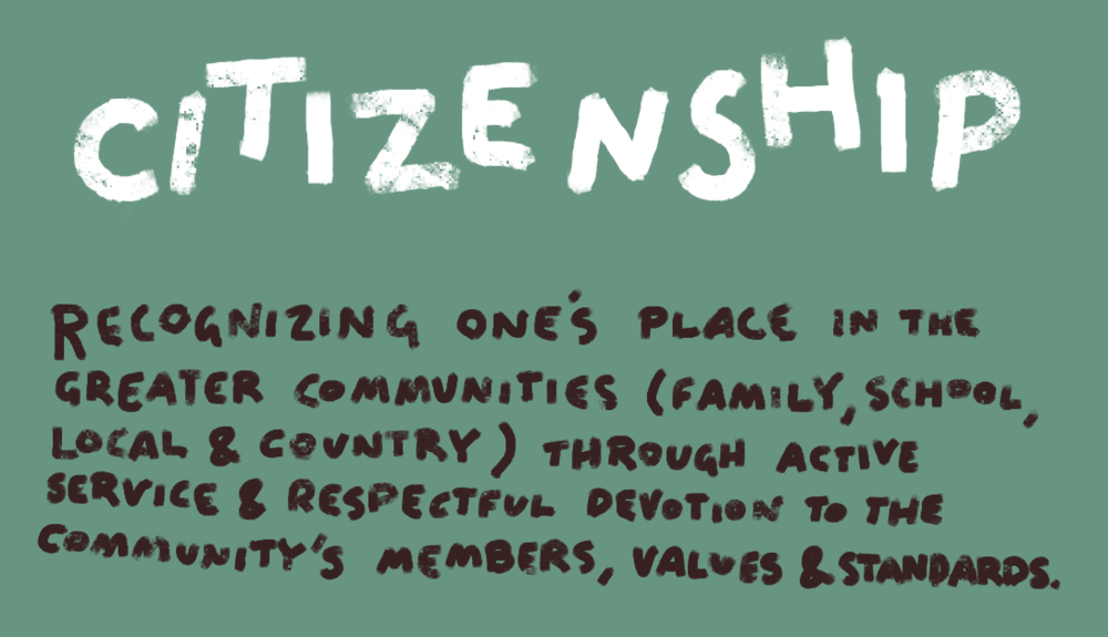 Citizenship: recognizing one's place in the greater communities (family, school, local, & country) through active servie & respectful devotion to the community's members, values, and standards.