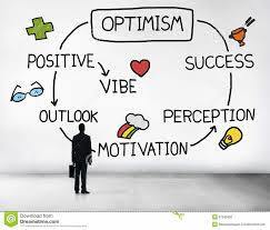 (man looking at a circle of reaction ) Optimism leads to positive vibe, leads to outlook, then to motivation, and perception and then to success.
