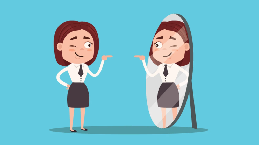 (image of a girl positively looking at herself in the mirror)