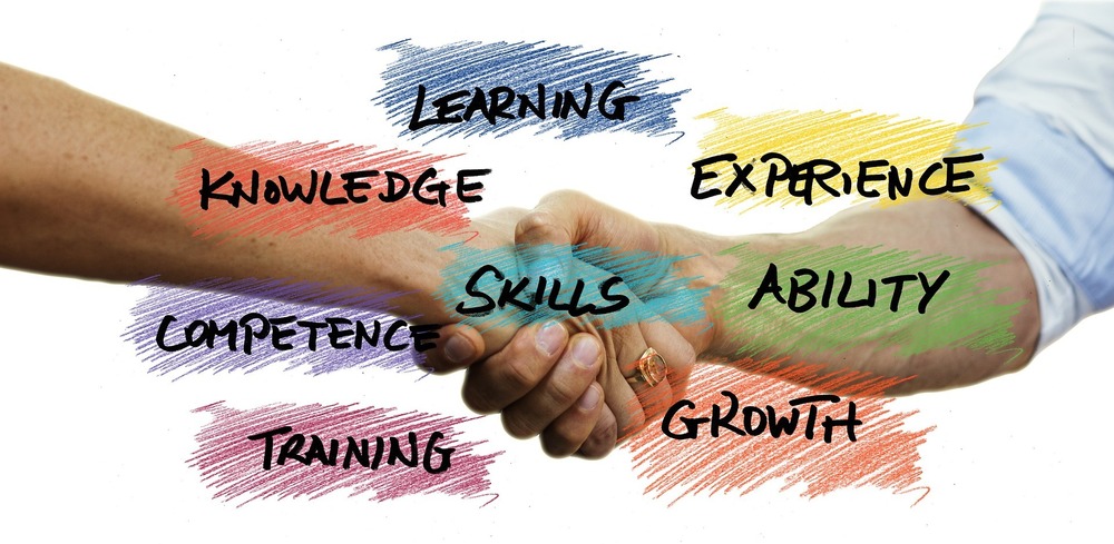 (image of a handshake) Learning, knowledge, competence, training, Skills, growth, ability, experience