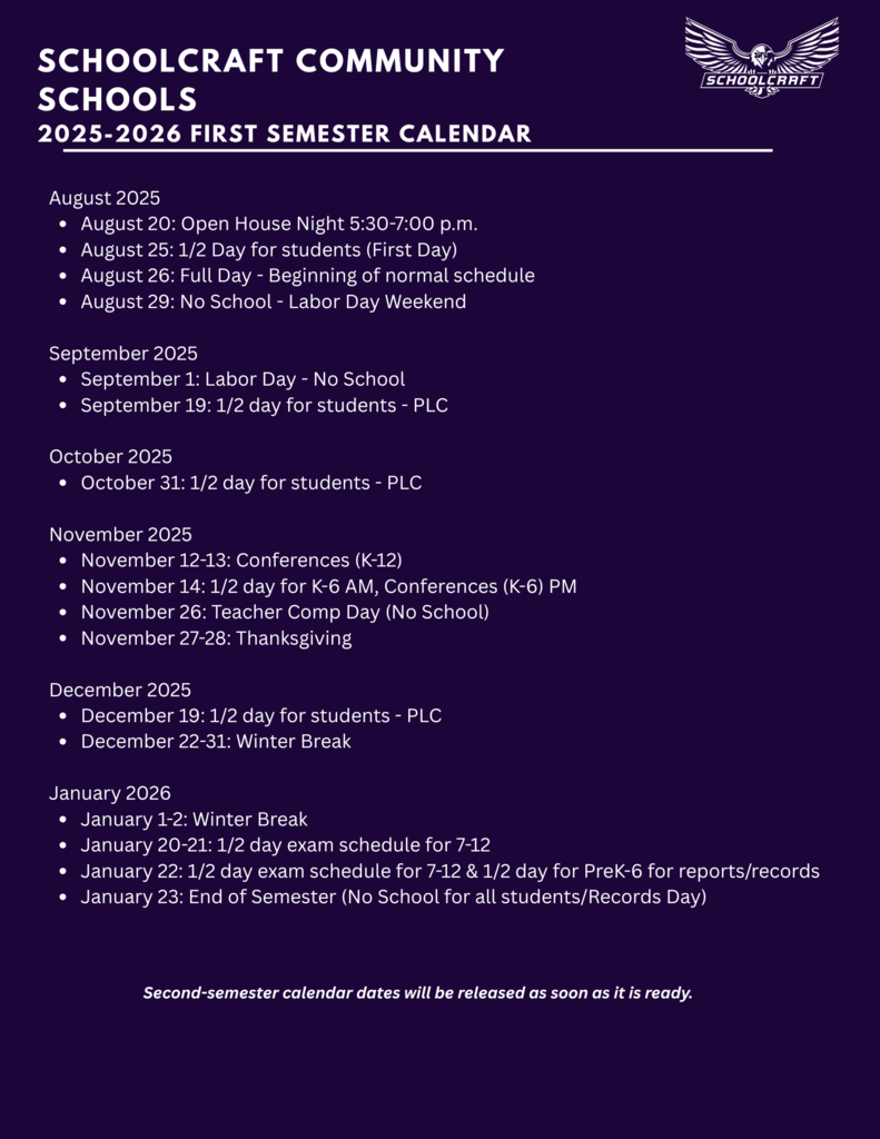 Schoolcraft Community Schools 2025/2026 First Semester Calendar