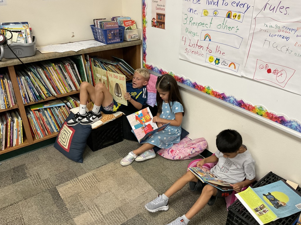 Reading in our reading nook. Leyendo en nuestro rincón de lectura.