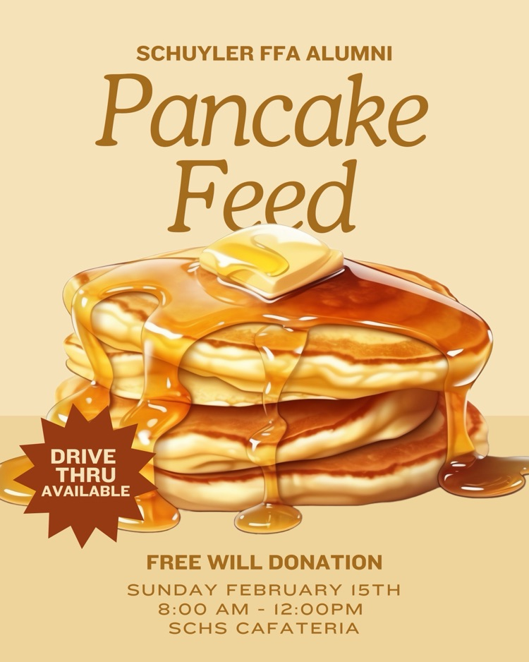 NEXT SUNDAY!! Join us for pancakes in support of our FFA Chapter. Proceeds help fund contest, industry tours, scholarships, and classroom supplies. Come hungry and invest in the future of agriculture! Hope to see you there! 