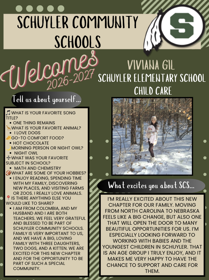 Photo of Viviana Gil, Schuyler Elementary Child Care staff member for the 2026–2027 school year, standing outdoors in a snowy wooded area holding a child.