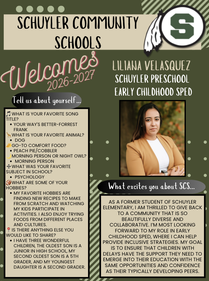 Welcome graphic for Liliana Velasquez, Early Childhood SPED teacher at Schuyler Preschool, with her photo and background information.