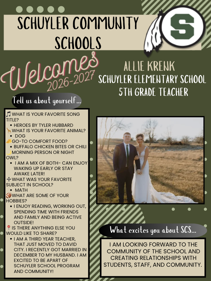 Photo of Allie Krenk, a new 5th grade teacher at Schuyler Elementary School, standing outdoors with her husband in a field on their wedding day.