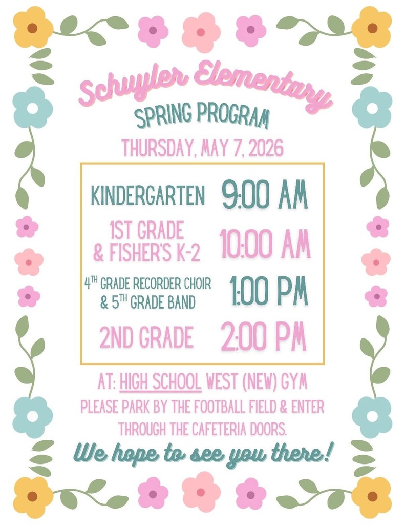 SES Spring Program, May 7th, Kinder at 9, 1st gr. & Fisher's K-2 at 10, 4th gr. recorders & 5th gr. band at 1, and 2nd gr. at 2  at SCHS in West Gym
