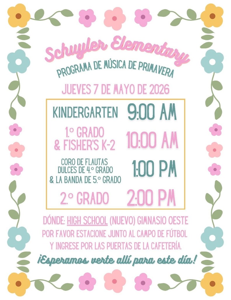 SES Spring Program, May 7th, Kinder at 9, 1st gr. & Fisher's K-2 at 10, 4th gr. recorders & 5th gr. band at 1, and 2nd gr. at 2  at SCHS in West Gym