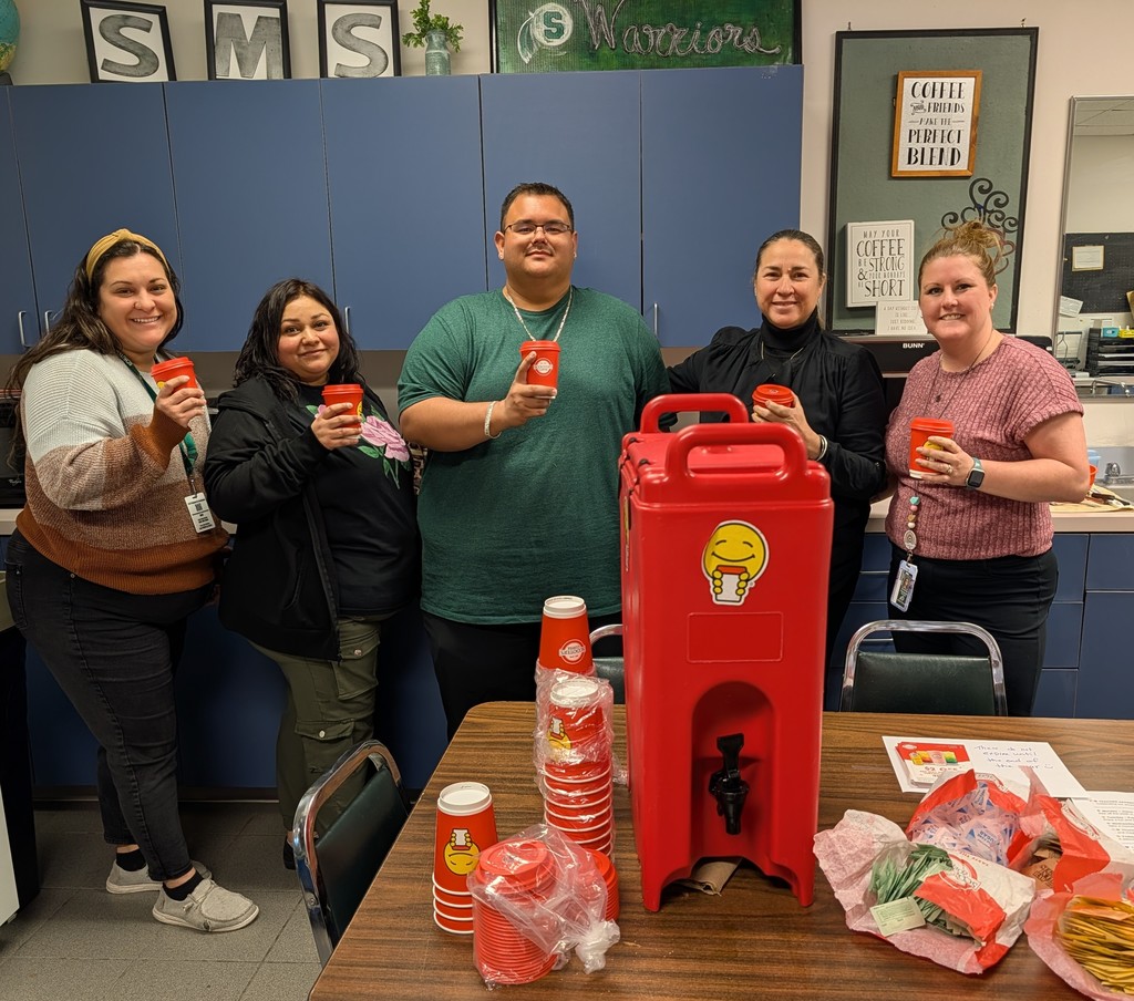 SMS staff enjoying a cup of Scooters coffee for Teacher Appreciation Week