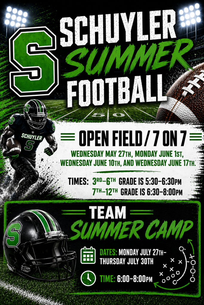 This is a flyer announcing Schuyler Summer Football events including open field 7 on 7 and a team summer camp. The flyer details dates and times for different age groups and activities.