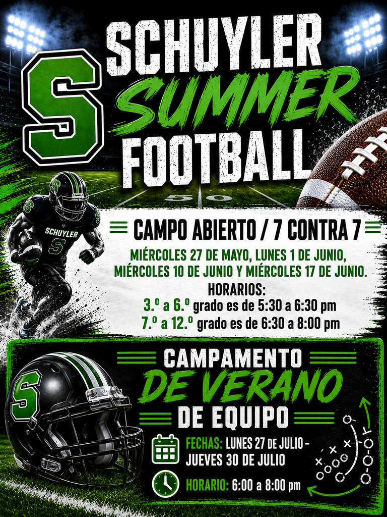 This is a flyer announcing Schuyler Summer Football events including open field 7 on 7 and a team summer camp. The flyer details dates and times for different age groups and activities.