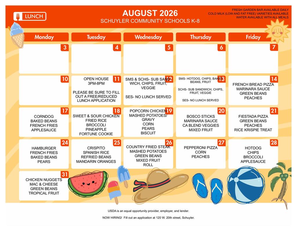 Augest k-8 lunch menu