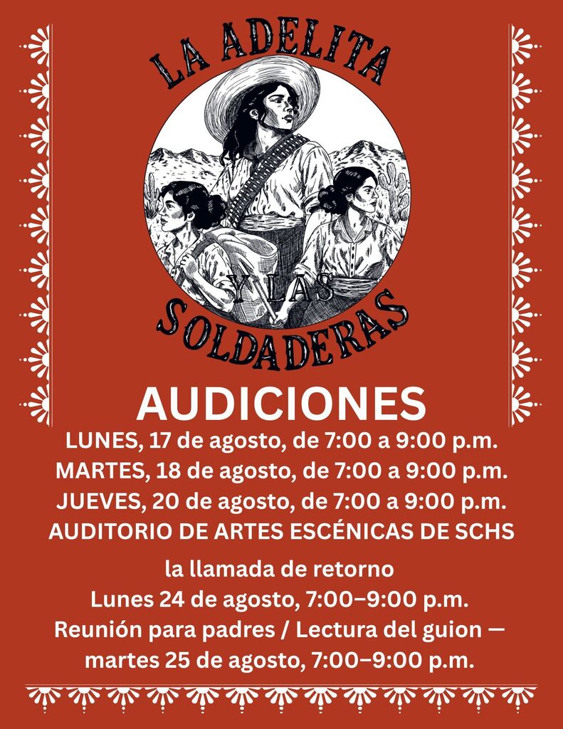 Anuncio de audiciones para la obra de teatro de otoño. Las audiciones se llevarán a cabo el lunes 17, el martes 18 y el jueves 20 de agosto, de 7:00 p. m. a 9:00 p. m. Las segundas audiciones (callbacks) serán el lunes 24 de agosto, y la reunión de padres y lectura del guion, el 25 de agosto.