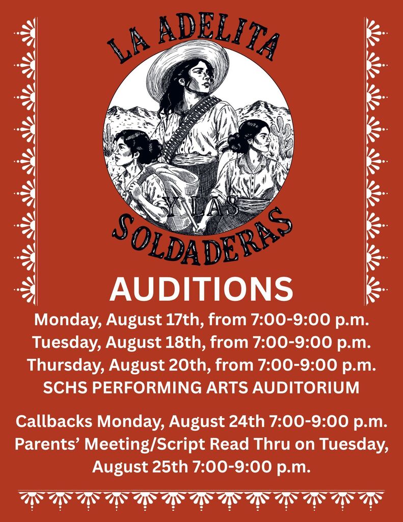 Audition flyer for the fall play. Auditions are Monday, August 17th, Tuesday August 18th, and Thursday, August 20th from 7 to 9 p.m. Callbacks Monday, Aug. 24th and Parents' Meeting/Script Read Thru Aug. 25th