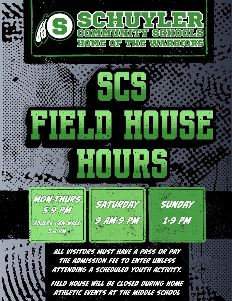 Field house hours mon- thurs 5 - 9, sat. 9-9, sun. 1-9
