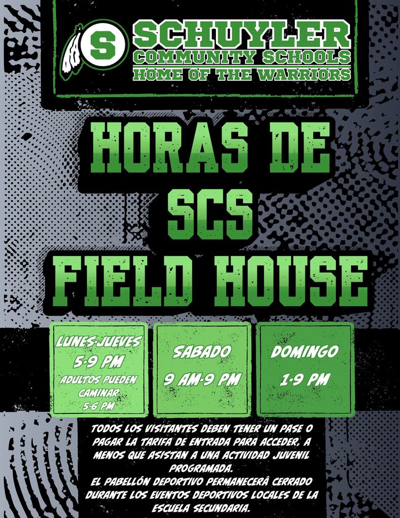 Field house hours mon- thurs 5 - 9, sat. 9-9, sun. 1-9 -spanish