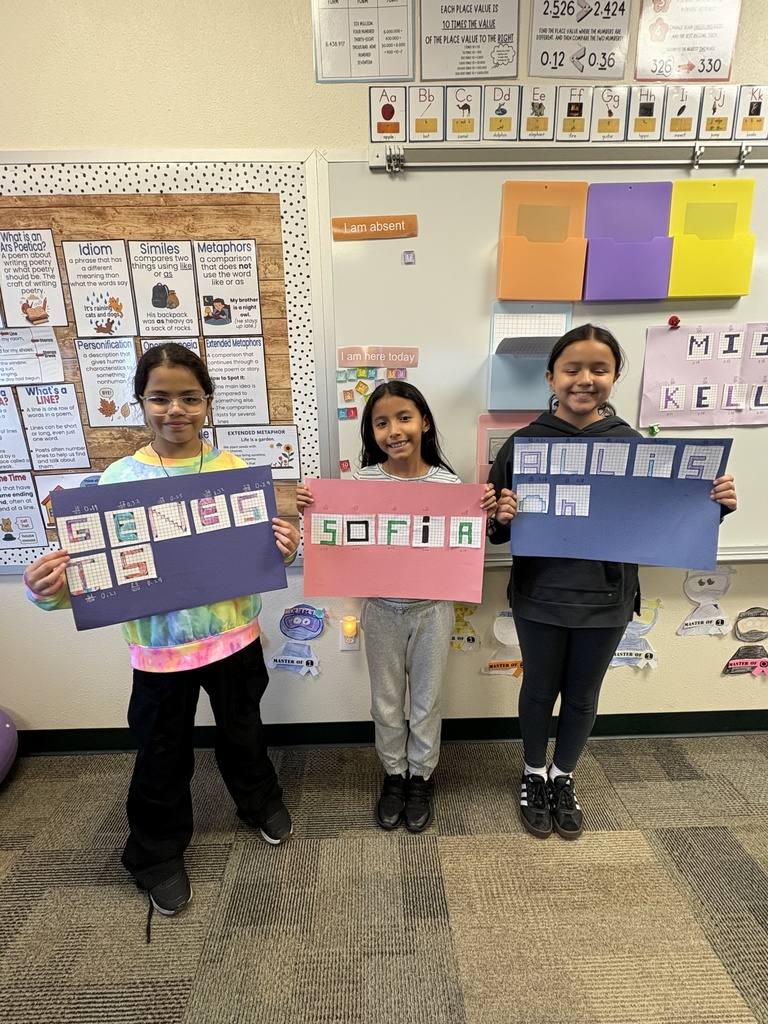Miss Keller's  4th graders are learning how to change fractions to decimals! 🔢 Students were able to find the fraction of their shaded letters and then convert it into a decimal. They wanted to show off their hard work! 🎉
