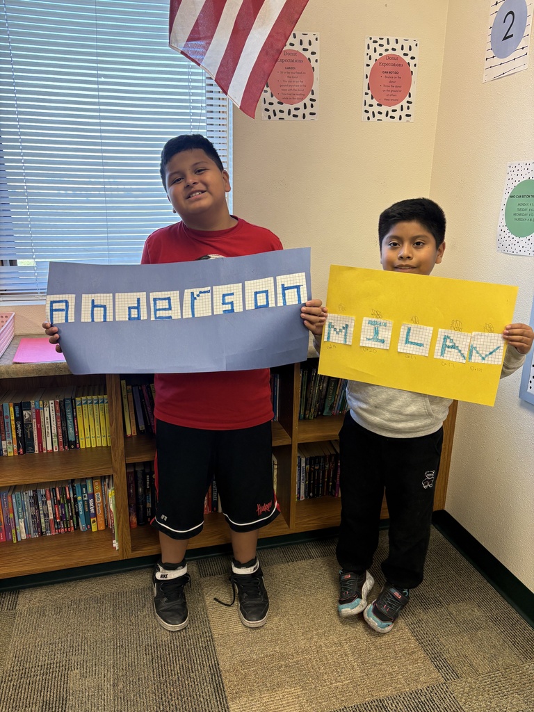 Miss Keller's  4th graders are learning how to change fractions to decimals! 🔢 Students were able to find the fraction of their shaded letters and then convert it into a decimal. They wanted to show off their hard work! 🎉