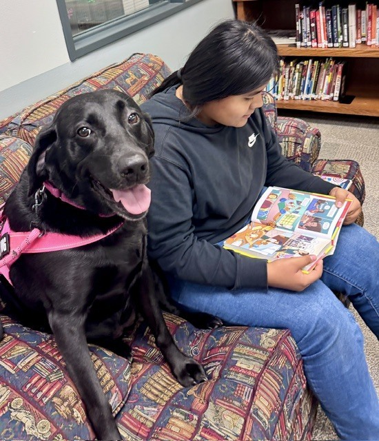 Student with Bugsy the dog reading a book