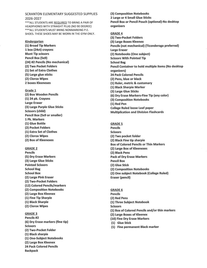 26-27 Scranton School Elementary Supply List