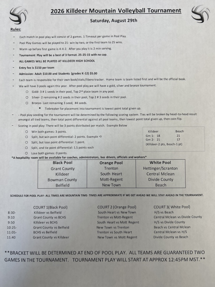 Killdeer Volleyball Schedule.