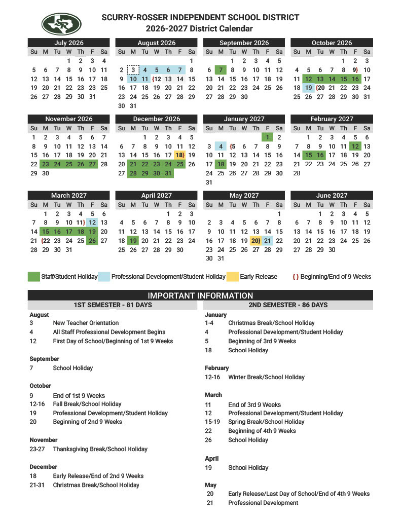 2026-2027 School Year Calendar Approved | Scurry-Rosser ISD
