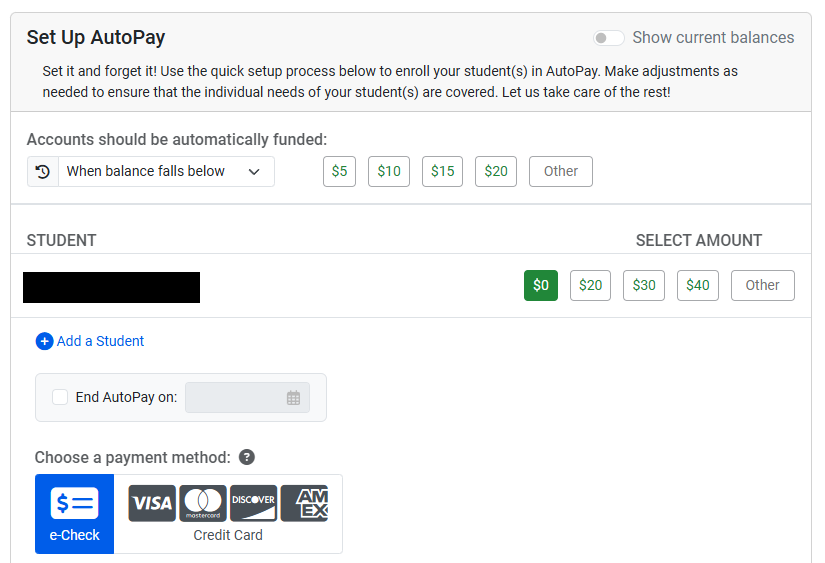 screenshot from lunch account displaying how to add money to student accounts