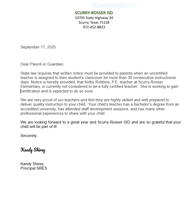 Letter, black writing on a white background