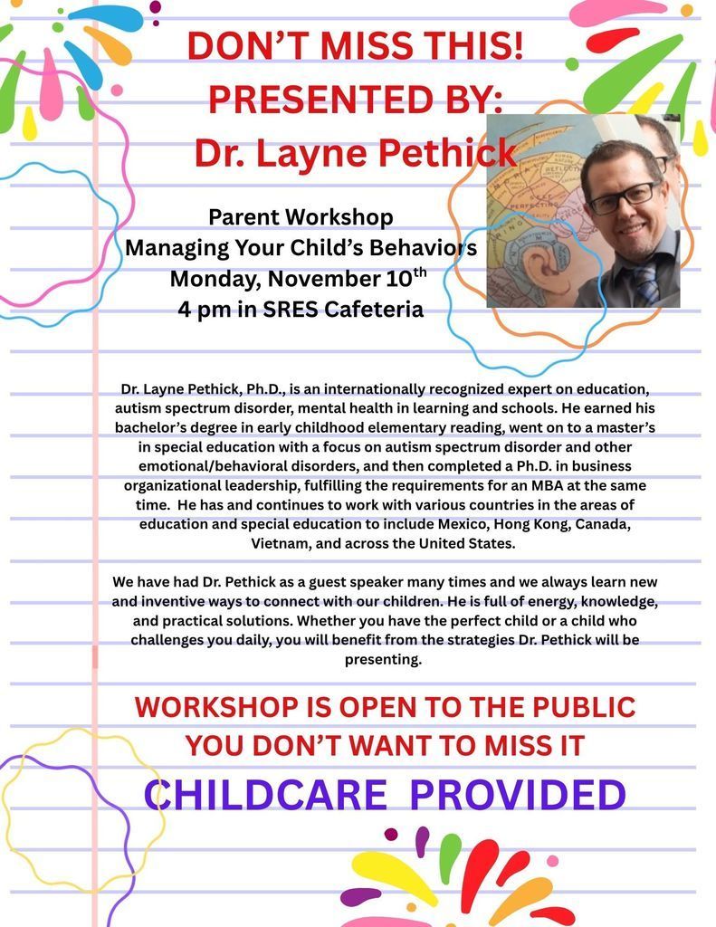 notebook paper with splashes of color, a picture of Layne Pethick, text outlining Dr. Pethick's experience and education.