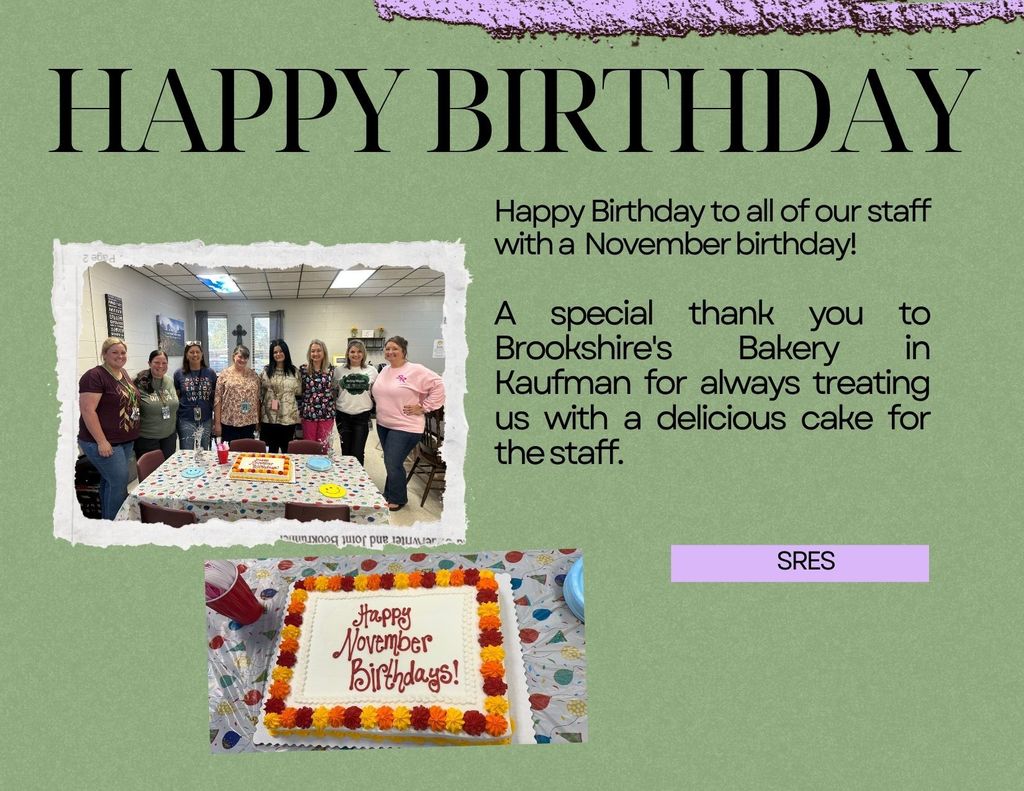 Happy birthday written big on a green background, picture of happy birthday ladies and a picture of a Fall decorated cake