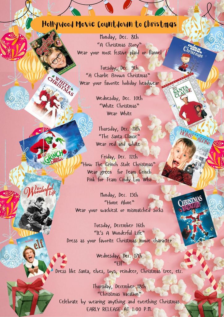 Christmas Countdown 2025, list of dress up days, stock photos of popular Christmas movies on a backround of scattered popcorn