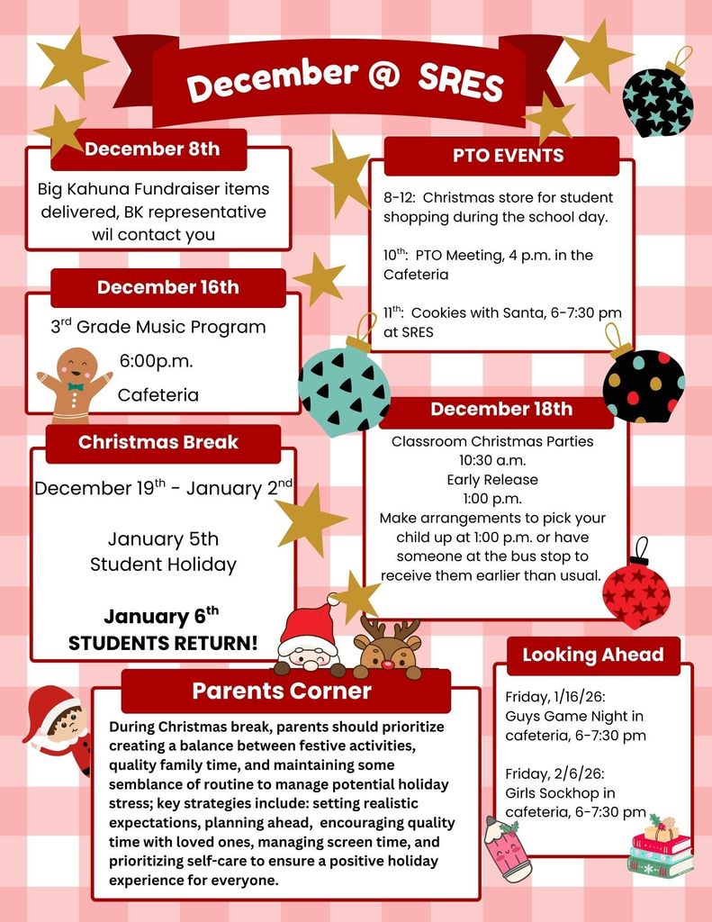 December 2025 newsletter, pink and white plaid back ground, several holiday graphics, white squares with text written in black.