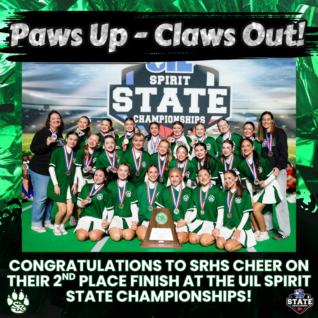 picture of Scurry-Rosser High School Cheerleaders with two sponsors posing with State Cheerleading 2nd place trophy and medals