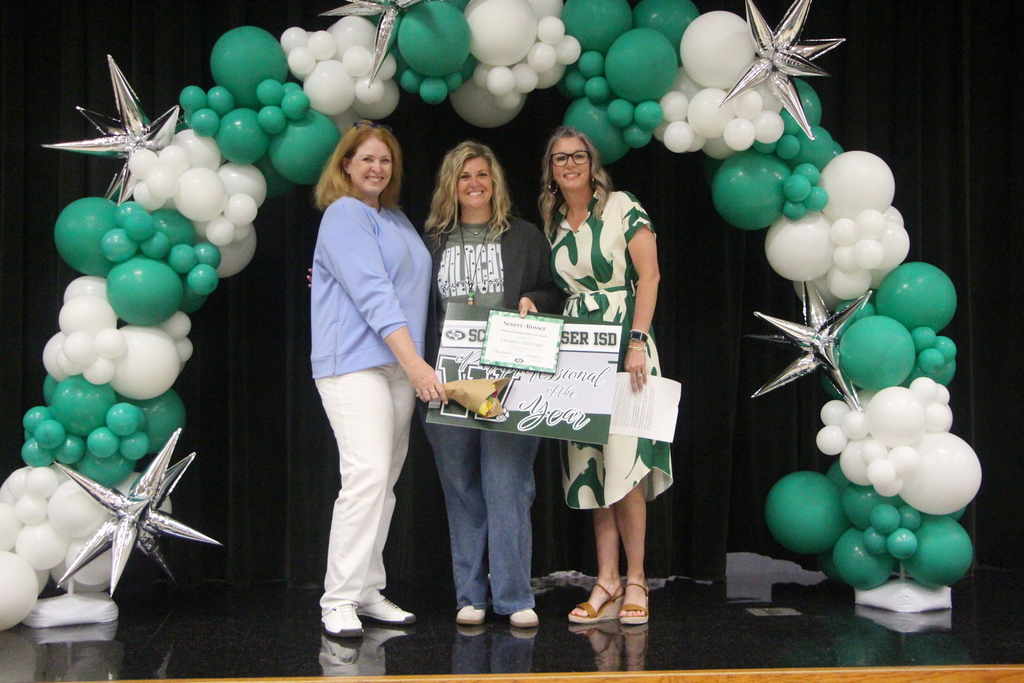 picture of three women standiing under a green and white balloon arch