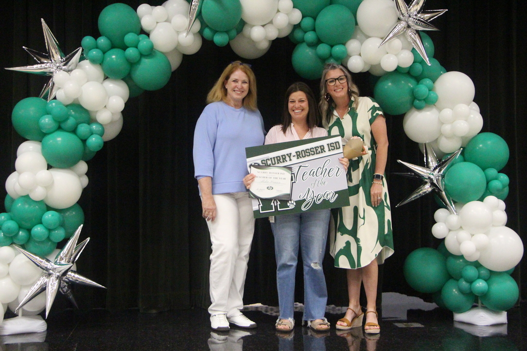 picture of three women standing under a green and white balloon arch