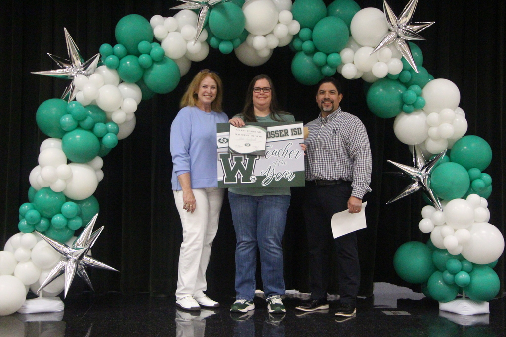picture of two women and one man standing under a green and white balloon arch