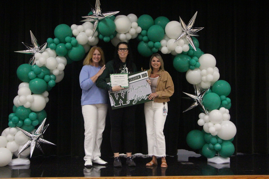 picture of three women standiing under a green and white balloon arch