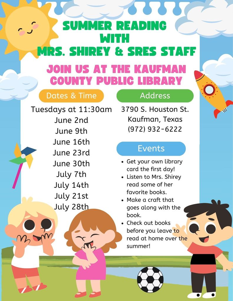 graphics of children laughing, schedule of summer reading dates