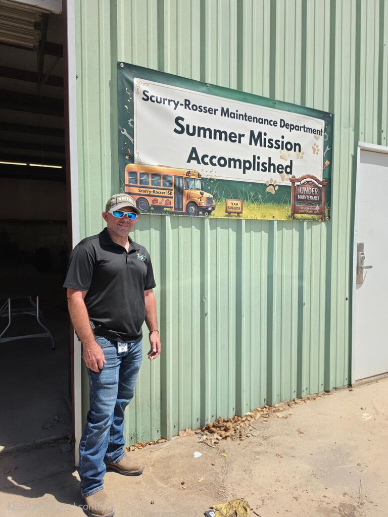 summer mission accomplished banner with director of maintenance standing next to it
