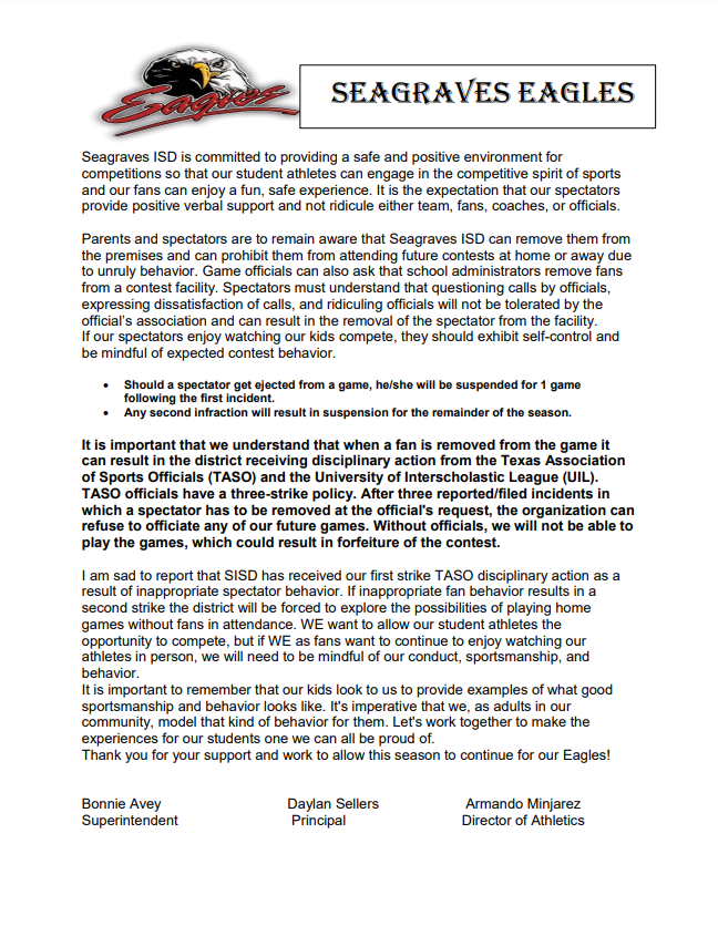 Athletic Parent Letter January 2024 Seagraves ISD