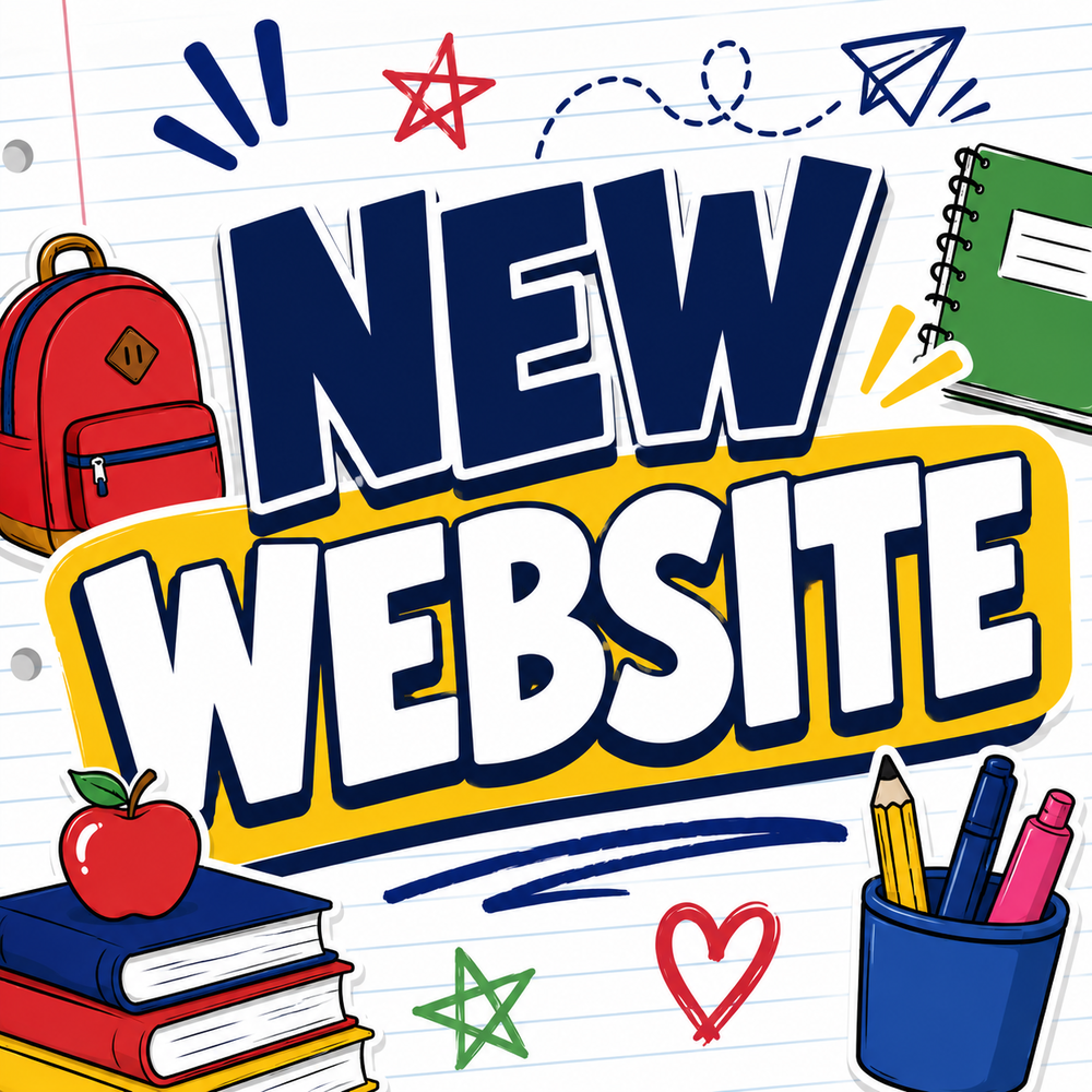 new website graphic that has a backpack,books and school supplies