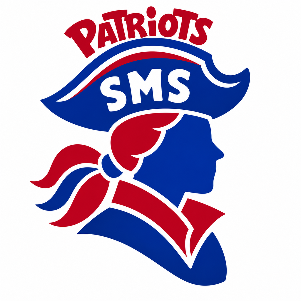 A logo with a person's profile in a hat and red ribbon, displaying "PATRIOTS SMS" in blue and red.