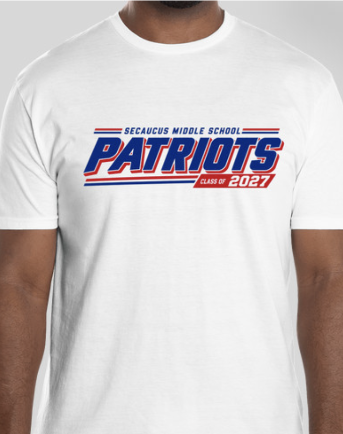 Man wearing a white T-shirt with "Secaucus Middle School Patriots" and "Class of 2027" in blue, white, and red fonts.