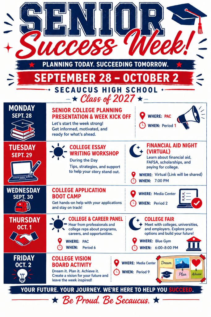 A poster with a blue and red color scheme lists "Senior Success Week" activities for September 28 to October 2 at Secaucus High School.