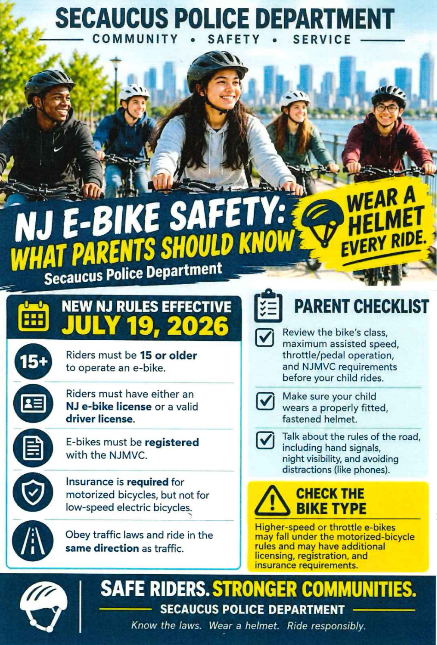 Poster for Secaucus Police Department about New Jersey e-bike safety. It lists rules and a checklist for parents to follow.