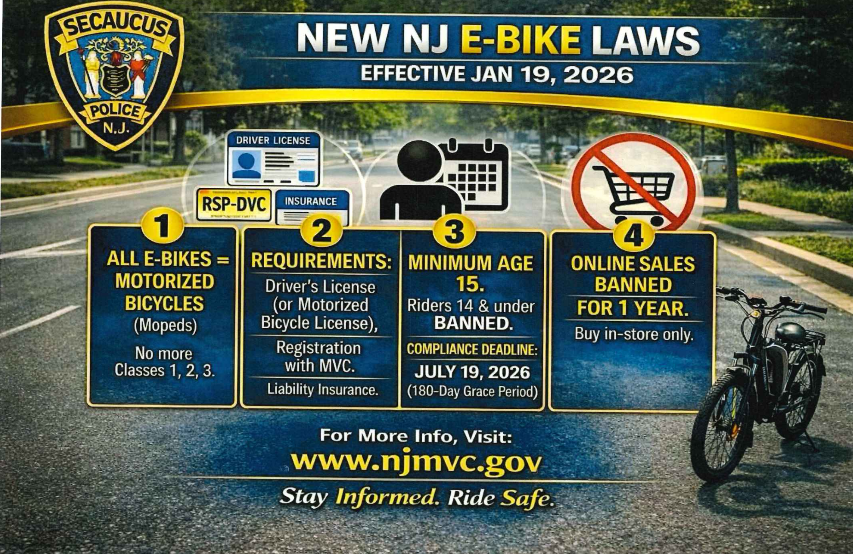 A poster shows New Jersey e-bike laws, including driver's license, age limit, and online sales ban. A bike is parked on the road.