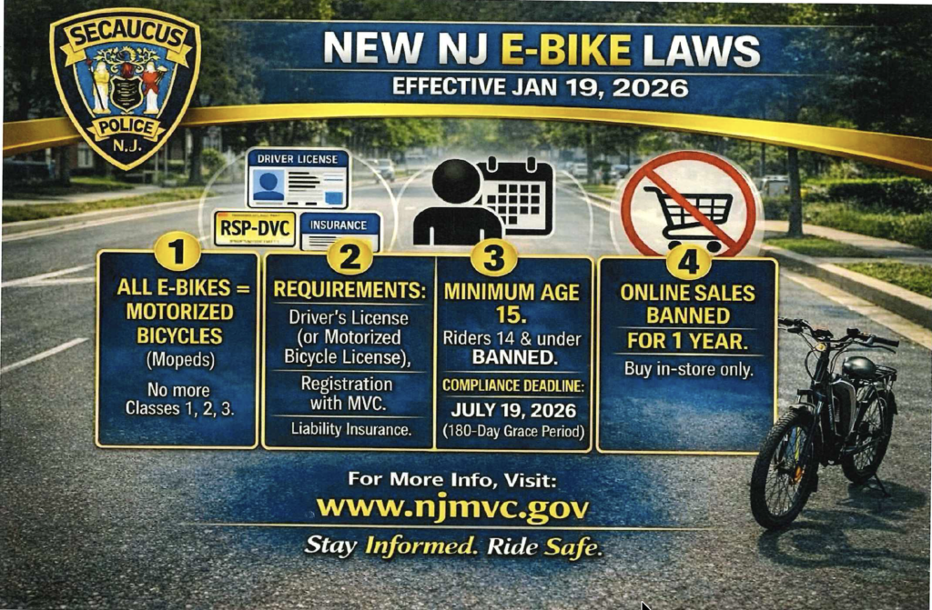 A poster outlines New Jersey's e-bike laws effective Jan 19, 2026. Four rules are listed. A bicycle is on the road.