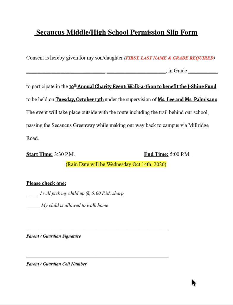 A document for Secaucus Middle/High School with fields for parent signature, cell number, and a date to pick up a child.